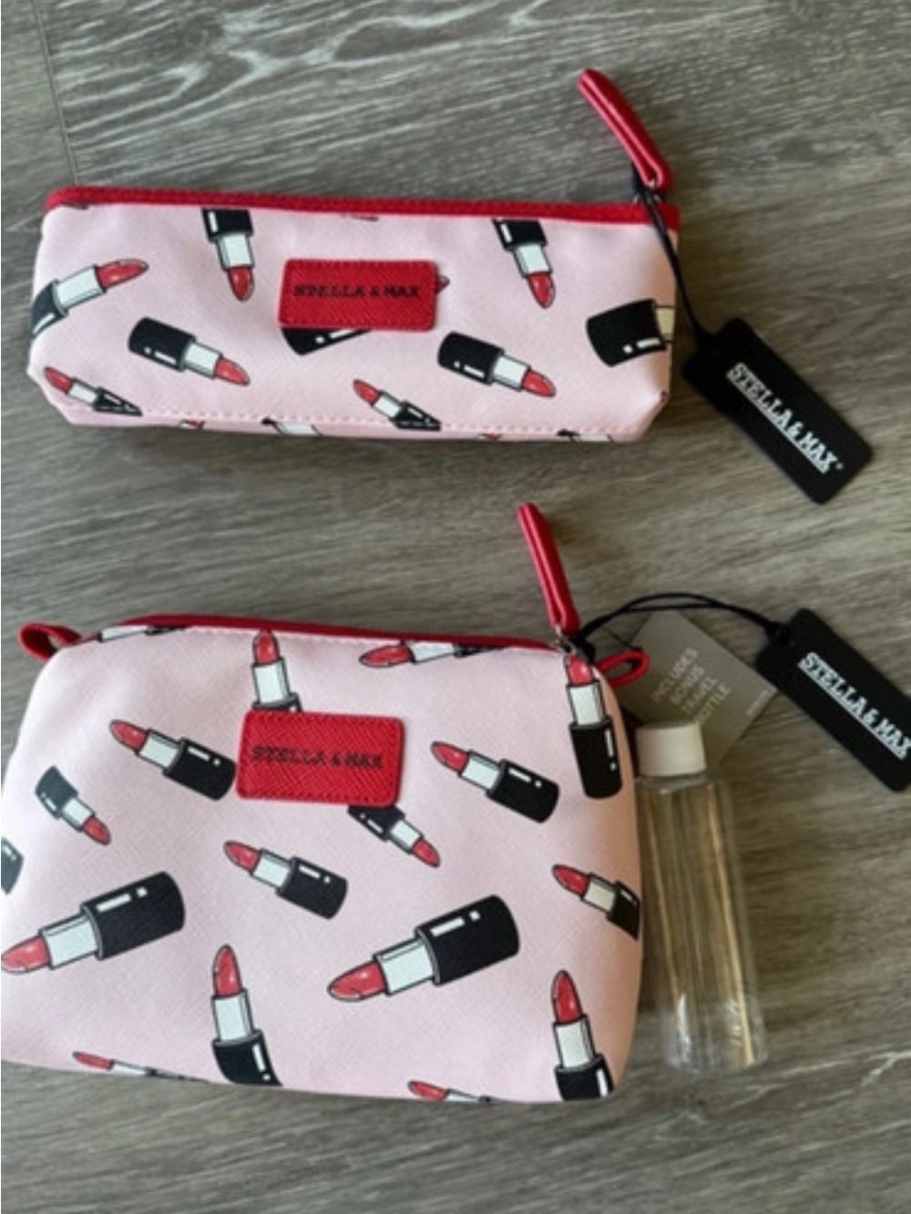 Stella & Max Pink Lipstick Print Cosmetic Pouch Set NWT